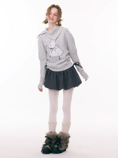 Cute Rabbit Around The Stars Slanted Neckline Long Sleeve T-Shirt Knitted Top【s0000015301】