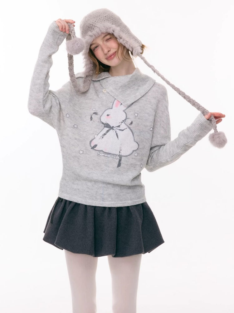 Cute Rabbit Around The Stars Slanted Neckline Long Sleeve T-Shirt Knitted Top【s0000015301】