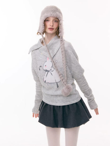 Cute Rabbit Around The Stars Slanted Neckline Long Sleeve T-Shirt Knitted Top【s0000015301】