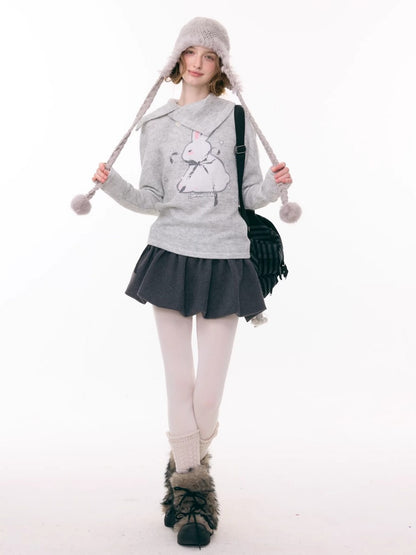Cute Rabbit Around The Stars Slanted Neckline Long Sleeve T-Shirt Knitted Top【s0000015301】