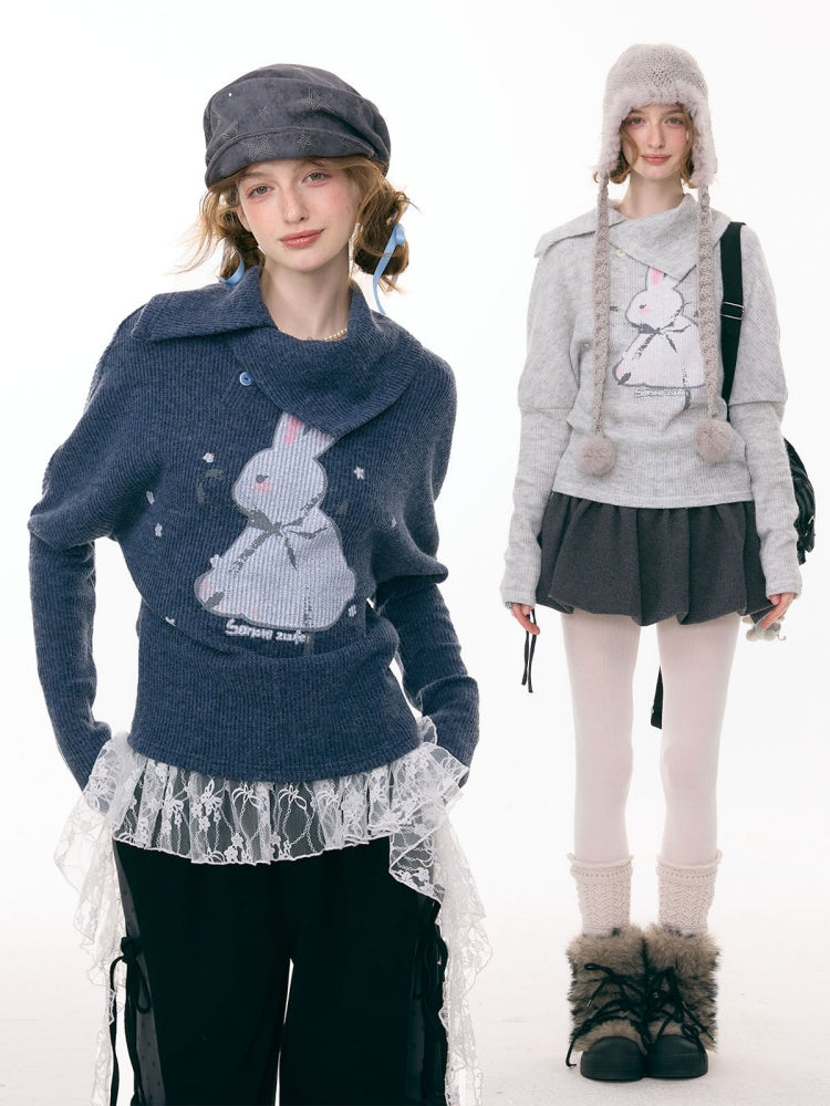 Cute Rabbit Around The Stars Slanted Neckline Long Sleeve T-Shirt Knitted Top【s0000015301】