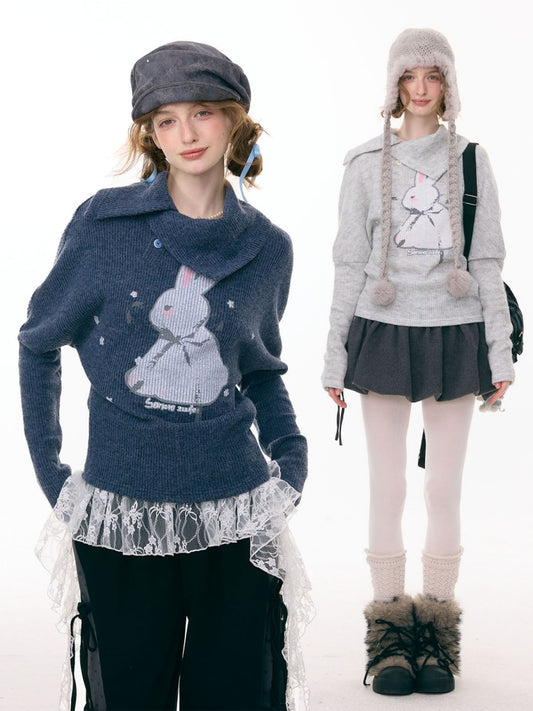 Cute Rabbit Around The Stars Slanted Neckline Long Sleeve T-Shirt Knitted Top【s0000015301】