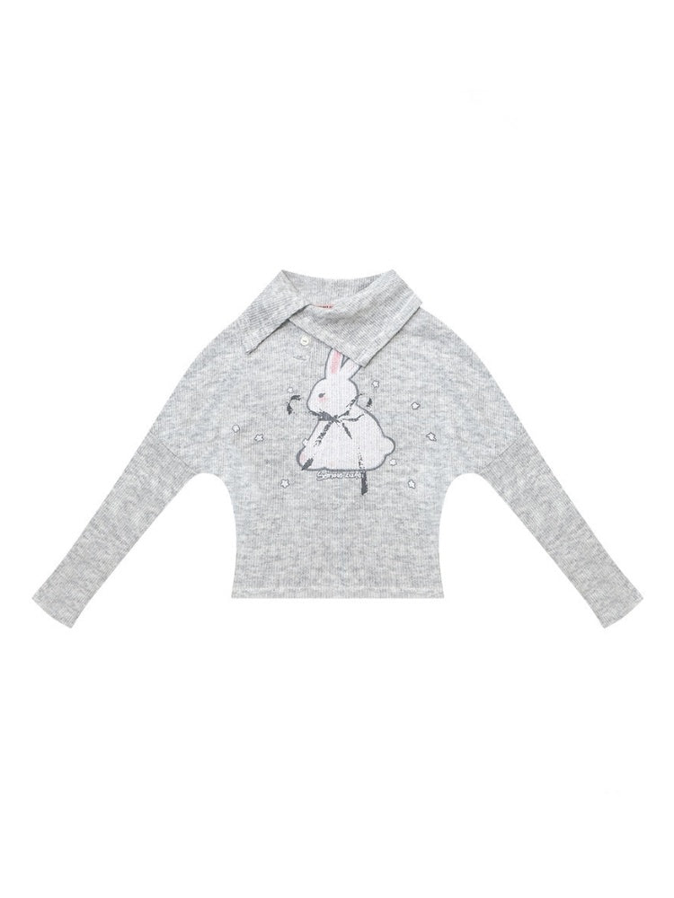 Cute Rabbit Around The Stars Slanted Neckline Long Sleeve T-Shirt Knitted Top【s0000015301】