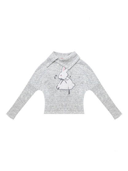 Cute Rabbit Around The Stars Slanted Neckline Long Sleeve T-Shirt Knitted Top【s0000015301】