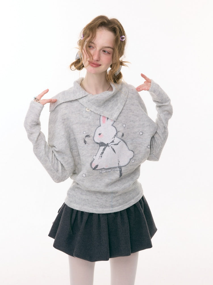 Cute Rabbit Around The Stars Slanted Neckline Long Sleeve T-Shirt Knitted Top【s0000015301】