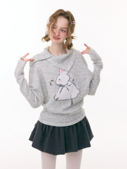 Cute Rabbit Around The Stars Slanted Neckline Long Sleeve T-Shirt Knitted Top【s0000015301】