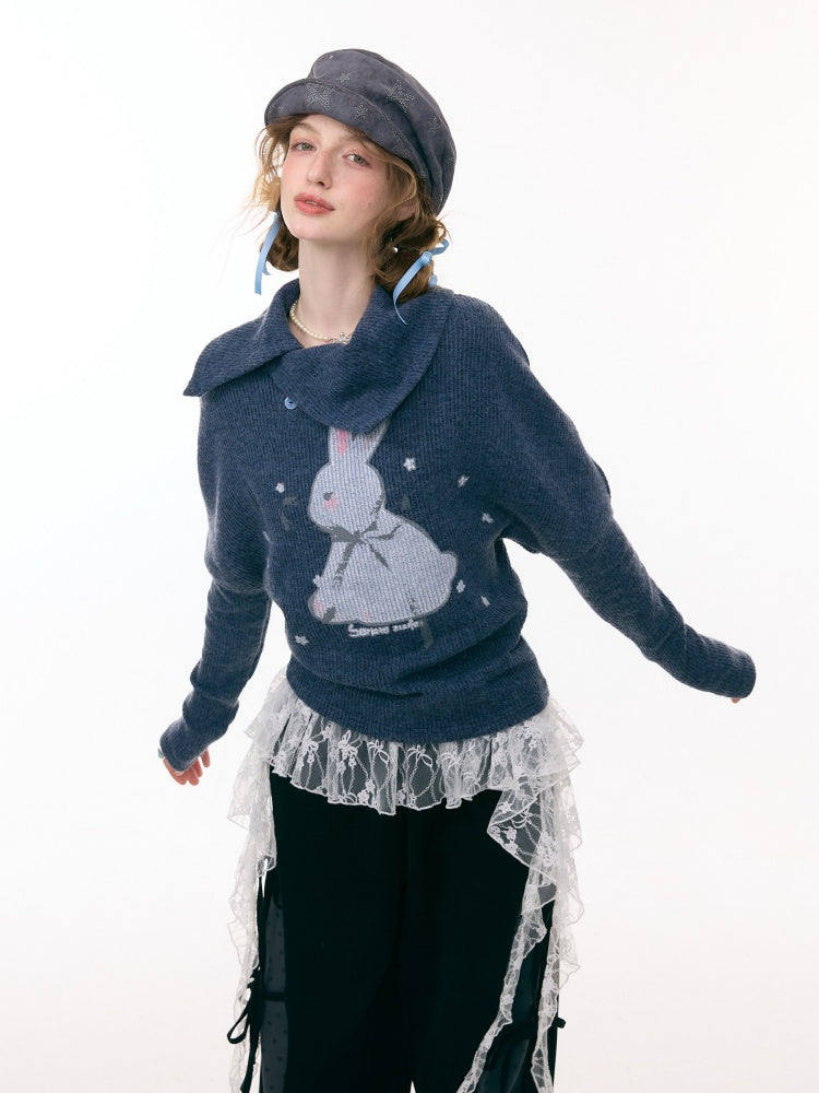 Cute Rabbit Around The Stars Slanted Neckline Long Sleeve T-Shirt Knitted Top【s0000015301】