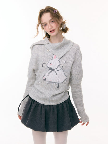 Cute Rabbit Around The Stars Slanted Neckline Long Sleeve T-Shirt Knitted Top【s0000015301】