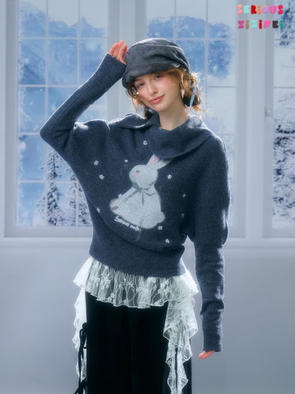 Cute Rabbit Around The Stars Slanted Neckline Long Sleeve T-Shirt Knitted Top【s0000015301】
