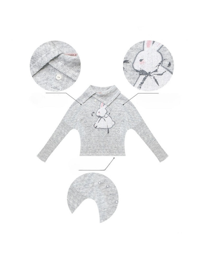 Cute Rabbit Around The Stars Slanted Neckline Long Sleeve T-Shirt Knitted Top【s0000015301】