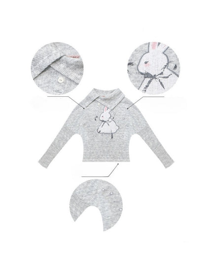 Cute Rabbit Around The Stars Slanted Neckline Long Sleeve T-Shirt Knitted Top【s0000015301】