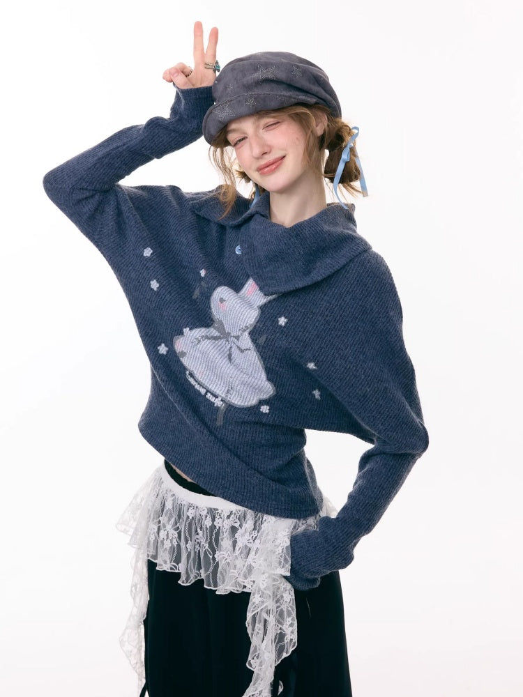 Cute Rabbit Around The Stars Slanted Neckline Long Sleeve T-Shirt Knitted Top【s0000015301】