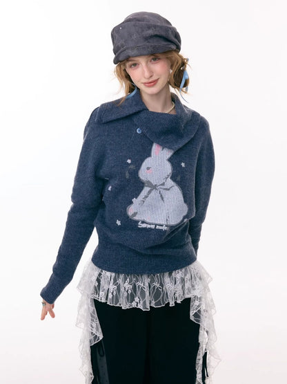 Cute Rabbit Around The Stars Slanted Neckline Long Sleeve T-Shirt Knitted Top【s0000015301】