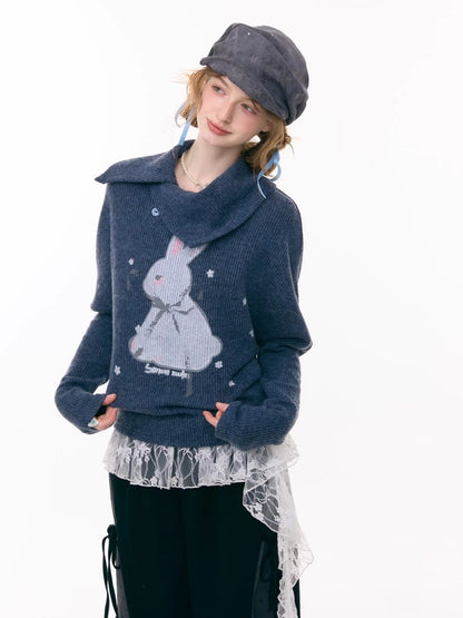 Cute Rabbit Around The Stars Slanted Neckline Long Sleeve T-Shirt Knitted Top【s0000015301】