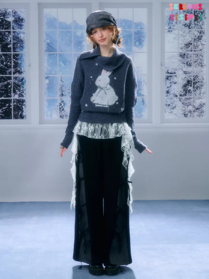Cute Rabbit Around The Stars Slanted Neckline Long Sleeve T-Shirt Knitted Top【s0000015301】