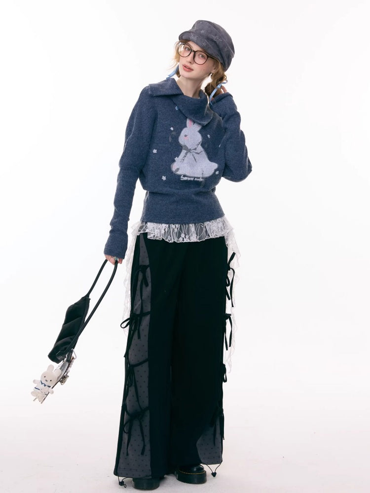Cute Rabbit Around The Stars Slanted Neckline Long Sleeve T-Shirt Knitted Top【s0000015301】