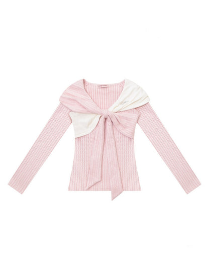 Irregular Twist Bow top Long Sleeve T-Shirt Knitted Sweater【s0000015302】