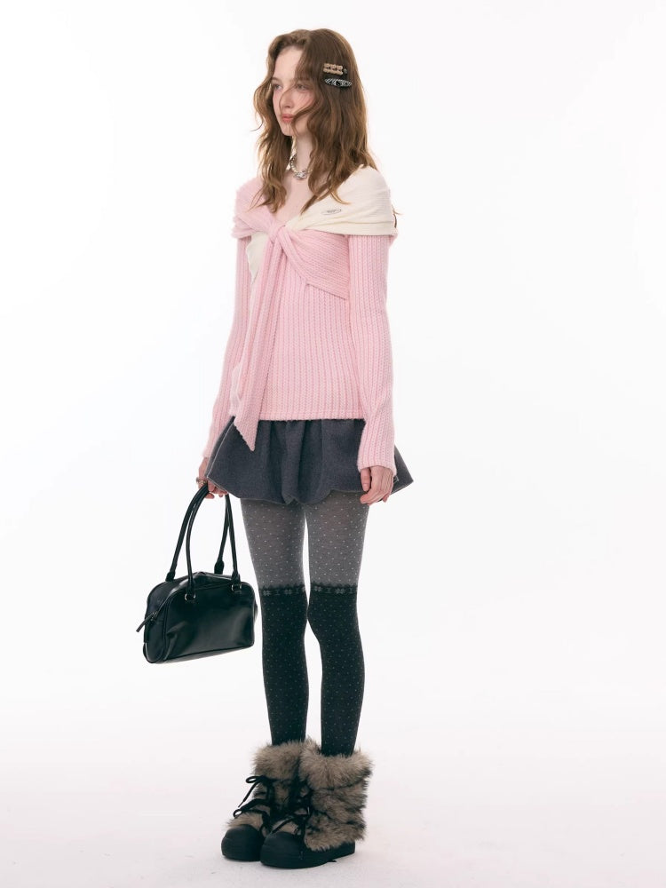 Irregular Twist Bow top Long Sleeve T-Shirt Knitted Sweater【s0000015302】