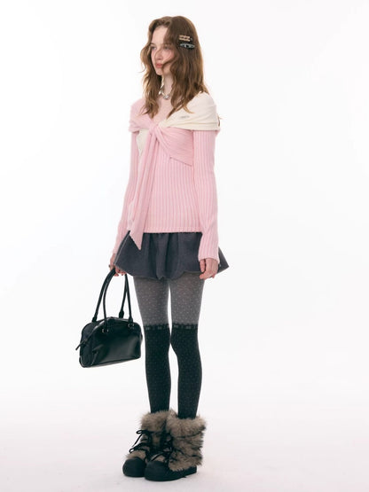 Irregular Twist Bow top Long Sleeve T-Shirt Knitted Sweater【s0000015302】