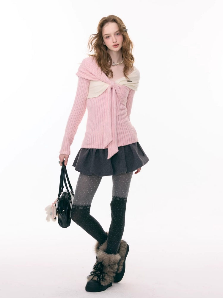 Irregular Twist Bow top Long Sleeve T-Shirt Knitted Sweater【s0000015302】