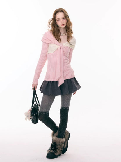 Irregular Twist Bow top Long Sleeve T-Shirt Knitted Sweater【s0000015302】