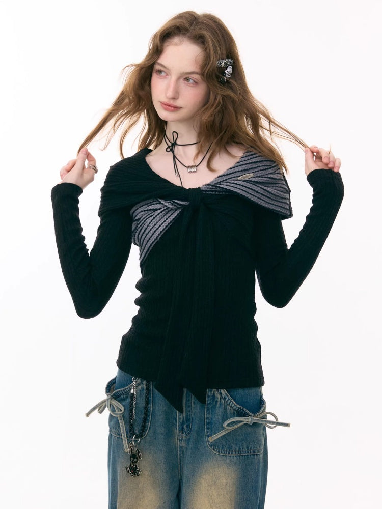 Irregular Twist Bow top Long Sleeve T-Shirt Knitted Sweater【s0000015302】