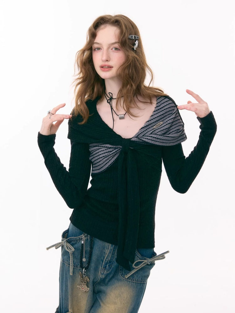 Irregular Twist Bow top Long Sleeve T-Shirt Knitted Sweater【s0000015302】