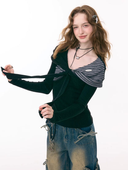 Irregular Twist Bow top Long Sleeve T-Shirt Knitted Sweater【s0000015302】
