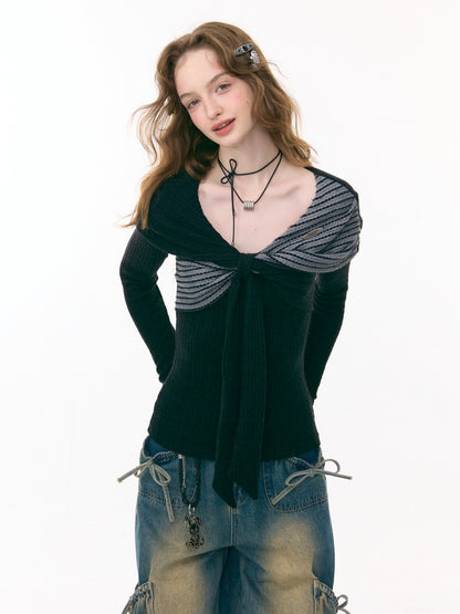 Irregular Twist Bow top Long Sleeve T-Shirt Knitted Sweater【s0000015302】