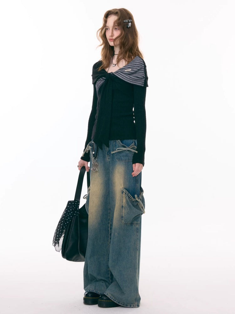 Irregular Twist Bow top Long Sleeve T-Shirt Knitted Sweater【s0000015302】