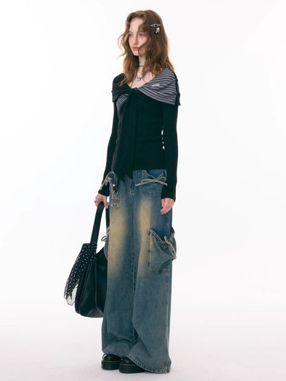Irregular Twist Bow top Long Sleeve T-Shirt Knitted Sweater【s0000015302】
