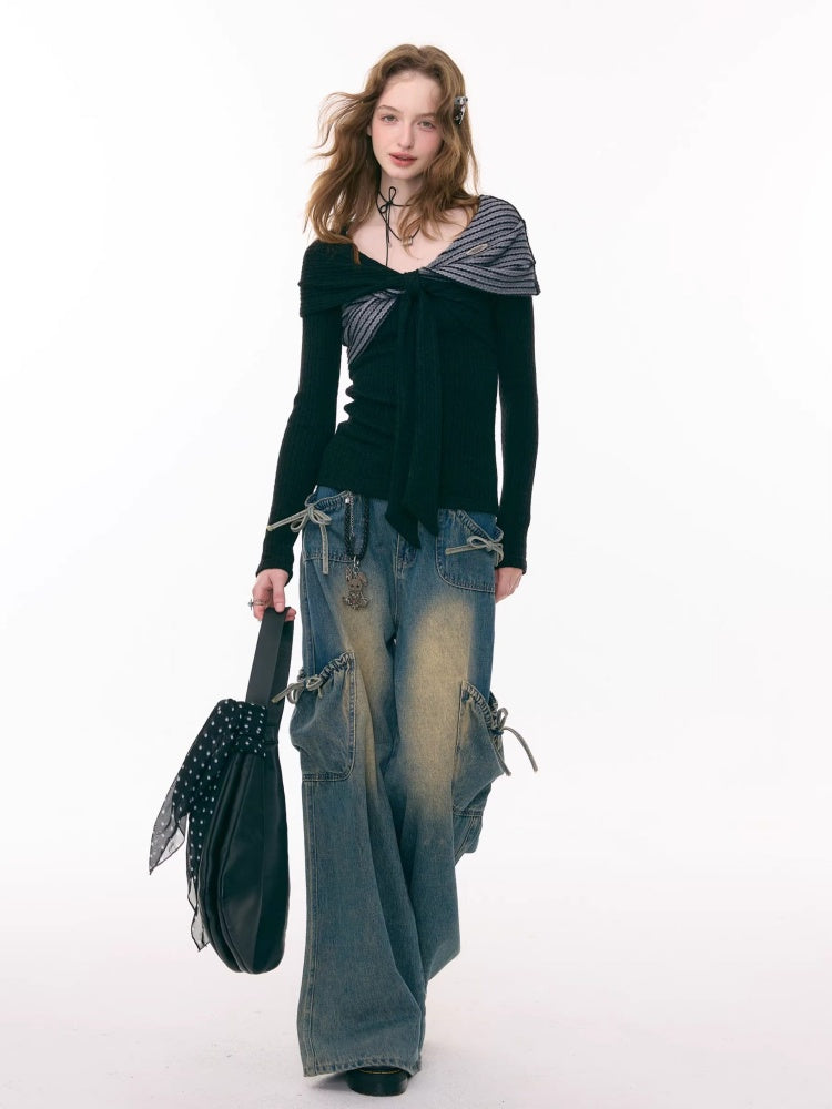 Irregular Twist Bow top Long Sleeve T-Shirt Knitted Sweater【s0000015302】