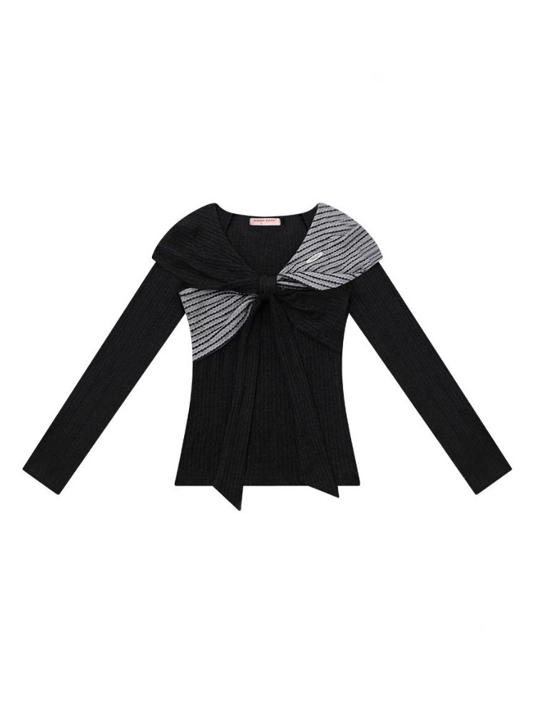 Irregular Twist Bow top Long Sleeve T-Shirt Knitted Sweater【s0000015302】