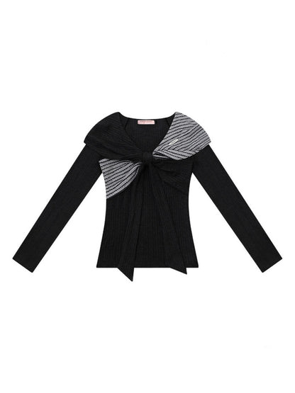 Irregular Twist Bow top Long Sleeve T-Shirt Knitted Sweater【s0000015302】