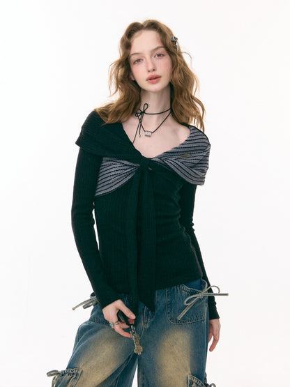 Irregular Twist Bow top Long Sleeve T-Shirt Knitted Sweater【s0000015302】