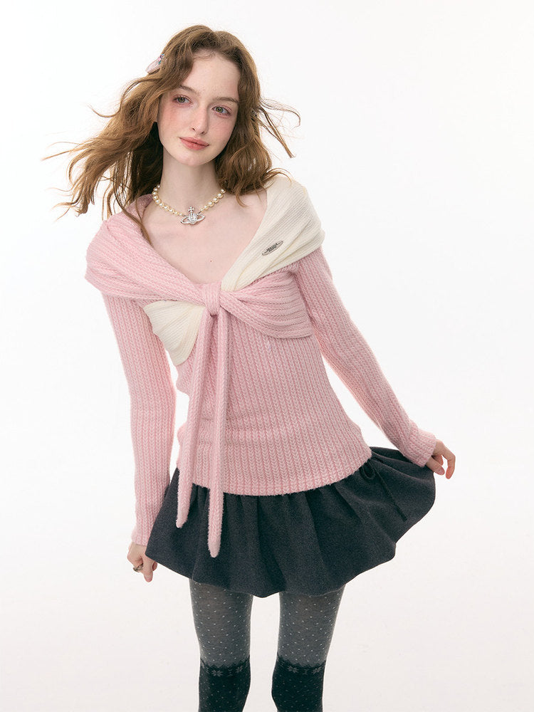 Irregular Twist Bow top Long Sleeve T-Shirt Knitted Sweater【s0000015302】