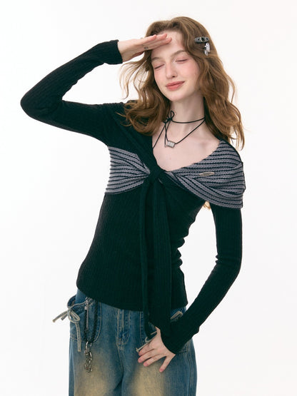 Irregular Twist Bow top Long Sleeve T-Shirt Knitted Sweater【s0000015302】
