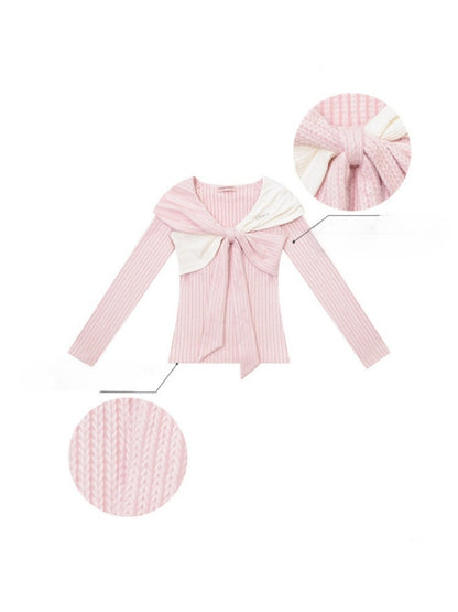 Irregular Twist Bow top Long Sleeve T-Shirt Knitted Sweater【s0000015302】