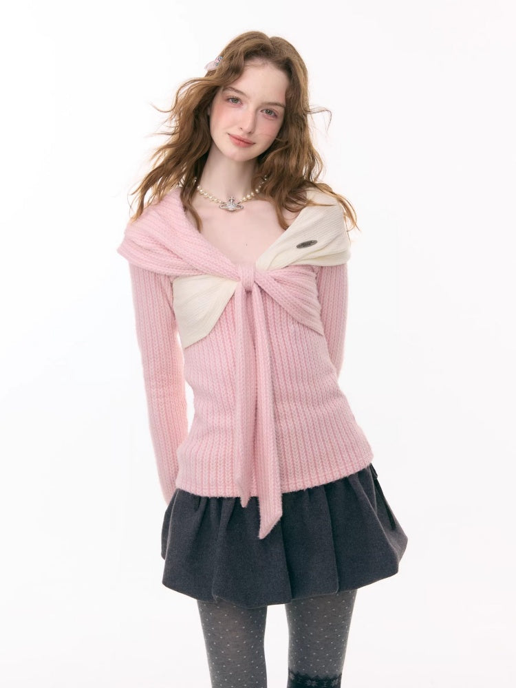 Irregular Twist Bow top Long Sleeve T-Shirt Knitted Sweater【s0000015302】