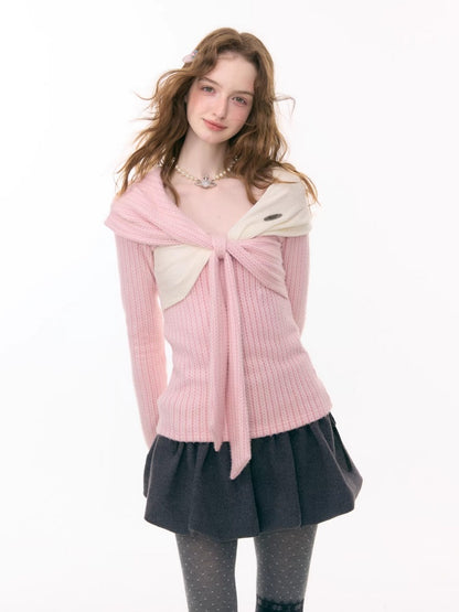 Irregular Twist Bow top Long Sleeve T-Shirt Knitted Sweater【s0000015302】