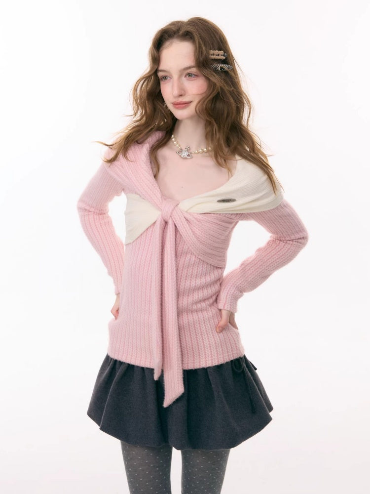 Irregular Twist Bow top Long Sleeve T-Shirt Knitted Sweater【s0000015302】