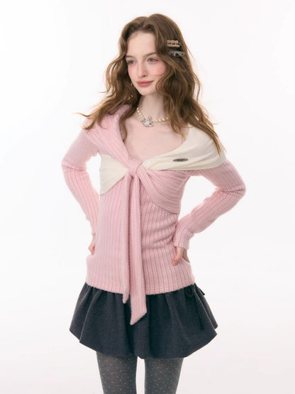 Irregular Twist Bow top Long Sleeve T-Shirt Knitted Sweater【s0000015302】