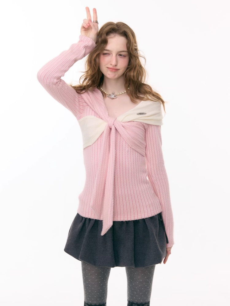 Irregular Twist Bow top Long Sleeve T-Shirt Knitted Sweater【s0000015302】
