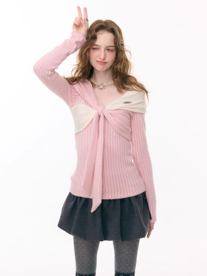 Irregular Twist Bow top Long Sleeve T-Shirt Knitted Sweater【s0000015302】