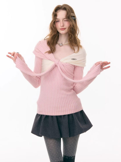 Irregular Twist Bow top Long Sleeve T-Shirt Knitted Sweater【s0000015302】