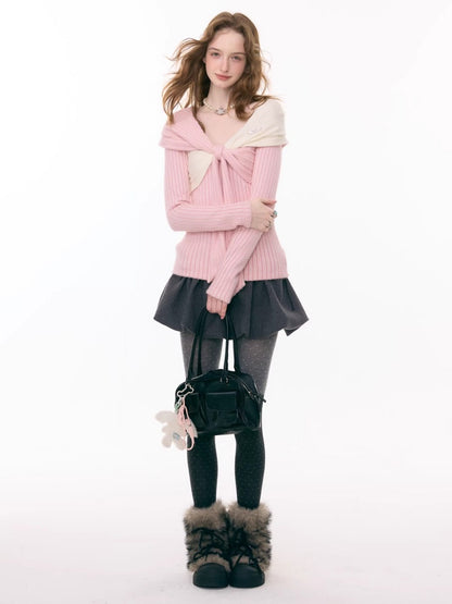 Irregular Twist Bow top Long Sleeve T-Shirt Knitted Sweater【s0000015302】