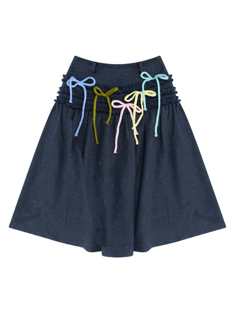 Multi-Colored Bow Fungus High-Waisted Slimming Mid-Length Skirt【s0000015304】