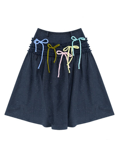 Multi-Colored Bow Fungus High-Waisted Slimming Mid-Length Skirt【s0000015304】