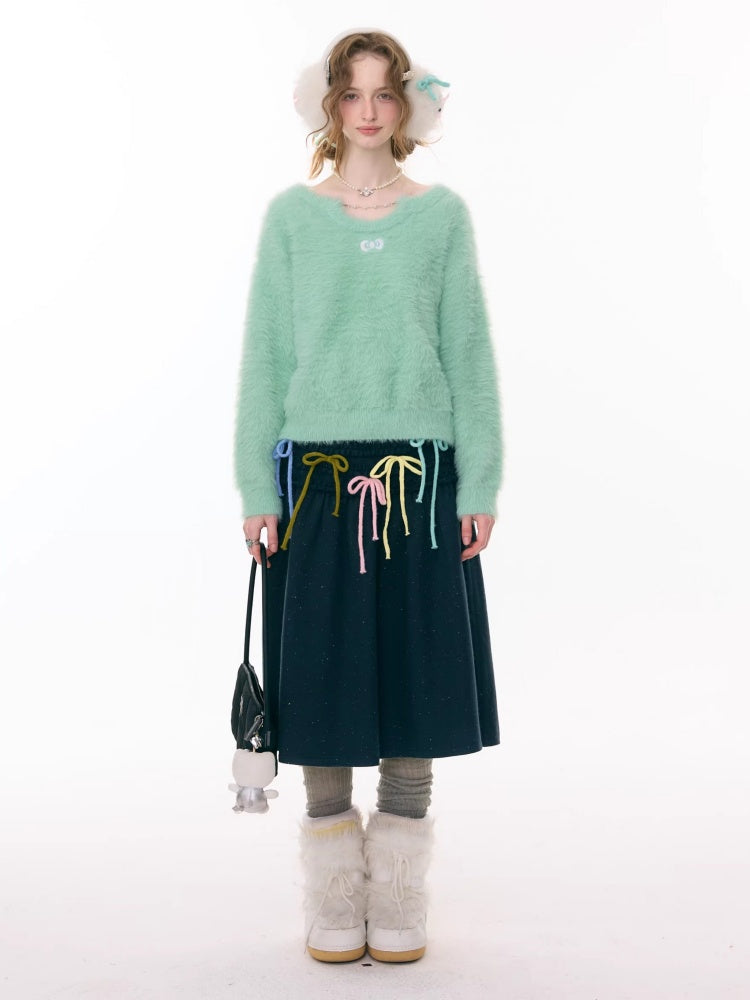 Multi-Colored Bow Fungus High-Waisted Slimming Mid-Length Skirt【s0000015304】
