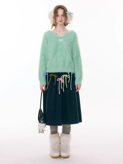 Multi-Colored Bow Fungus High-Waisted Slimming Mid-Length Skirt【s0000015304】